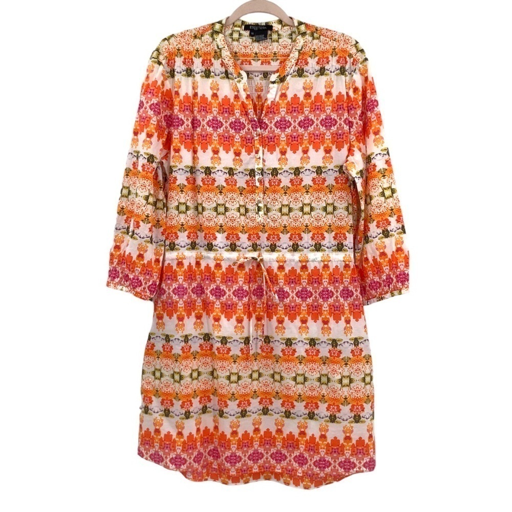 Etcetera Floral Mixed Print Cotton Dress Size 16 Tie Waist 3/4 Sleeve Pockets